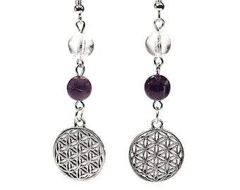 Dangling flower of life earrings, natural stones in rock crystal and amethyst, serenity anxiety amplifier protection