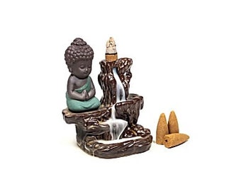 Ceramic incense burner fountain waterfall smoke, small Buddha Zen atmosphere relaxation serenity well-being relaxation meditation purification