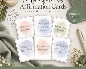 May include: A set of mindfulness affirmation cards featuring watercolor backgrounds in pastel shades of pink, blue, and green. Each card displays black text with phrases like I attract positivity, I am worthy of love and respect, and I believe in myself.