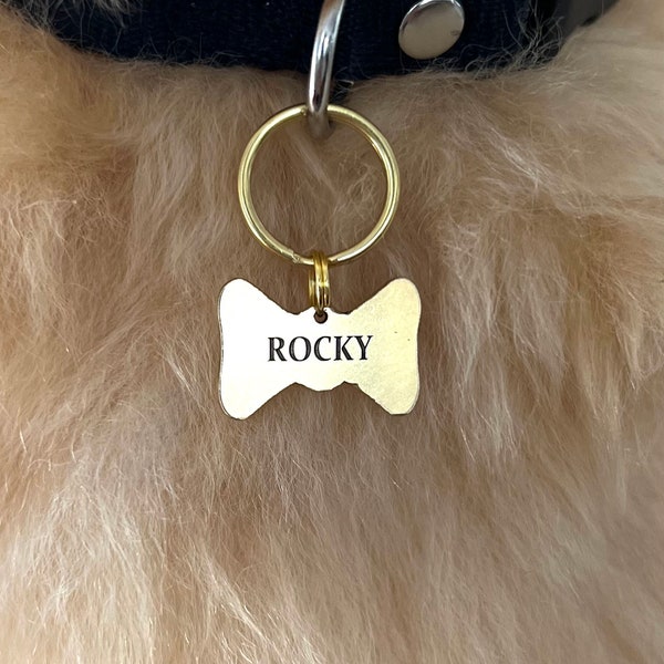 ENGRAVED BOWTIE Personalized Custom Pet ID Tags for Dogs and Cats in Solid Brass 1/2 5/8ths 3/4ths 1 inch 1.25 inch .75