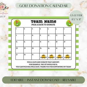 Editable Golf Fundraiser Calendar Template (Canva PDF)