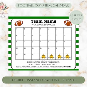 Calendario de donaciones de fútbol imprimible editable, Elija una fecha para donar, Recaudación de fondos de fútbol, Calendario editable, Plantilla de fútbol