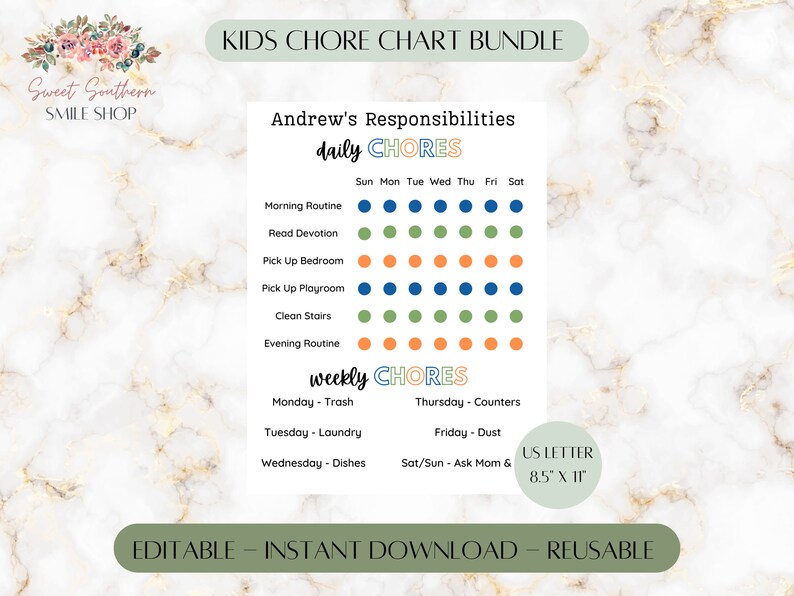 Chore Chart for Kids, Editable, Instant Download, Chore Chart and ...