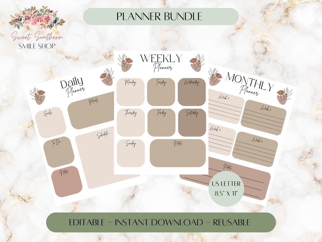 Printable Daily Weekly Monthly Planner Bundle (canva Template) - Etsy