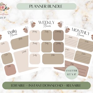 Daily Weekly Monthly Printable Planner, Daily Planner, Weekly Planner, Monthly Planner, Printable Template, Editable Planner