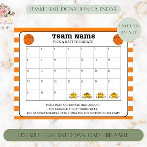 Basketball-Spendenkalender druckbar bearbeitbar, wählen Sie ein Datum zum Spenden, Basketball-Spendenaktion, bearbeitbarer Kalender, Basketball-Vorlage