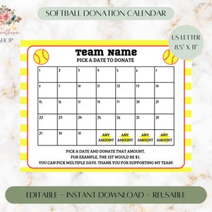 Softball Donation Calendar Printable Editable, Pick a date to donate, Softball fundraiser, Editable calendar, Softball template