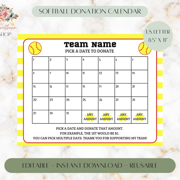 Softball Donation Calendar Printable Editable, Pick a date to donate, Softball fundraiser, Editable calendar, Softball template