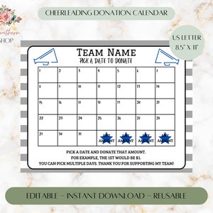 Cheerleading Donation Calendar, Printable Calendar, Pick a date to donate, Cheerleading fundraiser, Editable calendar, Cheerleading template