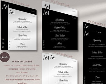 Wedding Menu Black and White Menu Card Modern 15-Degree Menu Modern Drinks Menu Printable Menu Wedding Menu Canva Wedding Template MF0007