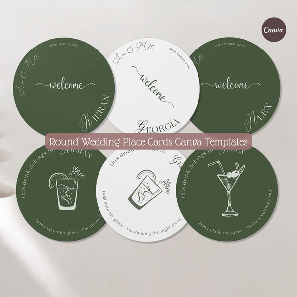 Place Card Wedding Place Card Sage green Wedding Round Place Card Template Canva Template Wedding Seating Card Name Wedding Sage Round Card