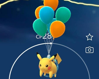 PokéMon Go Shiny Pikachu Flying With Green Balloons - trade 20k Stradust .