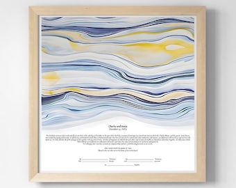 May include: A wedding certificate with a blue and yellow abstract design. The text reads "Charles and Annie, December 15, 2023". The certificate includes a space for the witnesses and the bride and groom to sign.