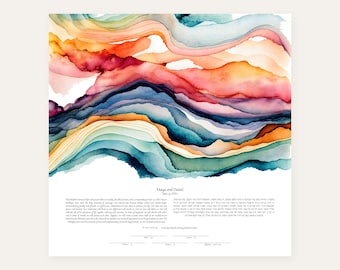 May include: A square print featuring abstract watercolor waves in shades of orange, pink, deep blue, and teal. Below the artwork, the text reads Maya and Daniel, June 13, 2021, followed by two columns of printed text in English and Hebrew.