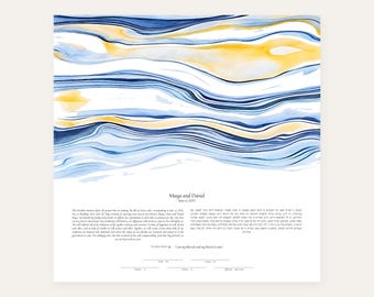 May include: A rectangular ketubah featuring a watercolor design of flowing blue and yellow horizontal waves at the top. The text reads Maya and Daniel, June 15, 2025, followed by English and Hebrew paragraphs and signature lines at the bottom.