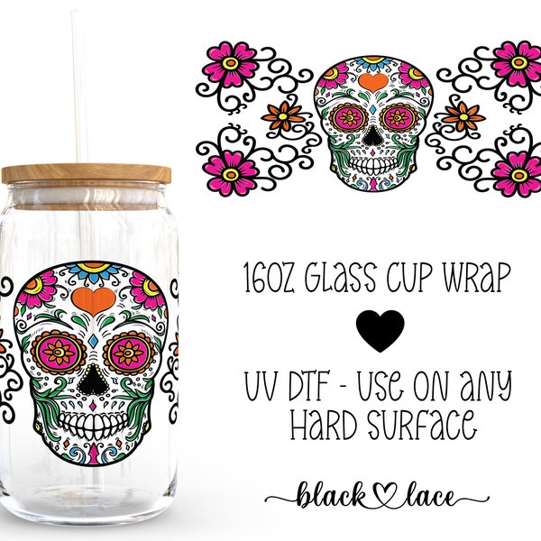 UV DTF - Skull Flower - 16oz Libbey Glass Cup Wrap Only main image 1