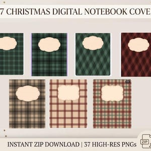 Könnte beinhalten: Eine Sammlung von sieben rechteckigen digitalen Notizbuch-Covern mit verschiedenen Karomustern und Tartan-Designs in Grün-, Rot- und Brauntönen. Jedes Cover enthält einen zentralen, hellen Etikettenrahmen mit gewelltem Rand für Text.