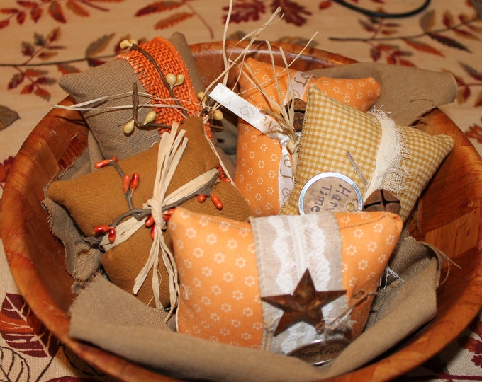 Handmade Set (5) Primitive Farmhouse Autumn Harvest Pillow Tucks, Bowl Fillers, Tiered Tray, Country Home Decor