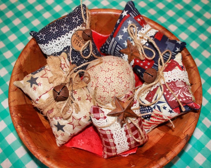 Set (B) Handmade Americana Patriotic Summer Mini Pillows / Balls for Bowl Fillers, Tier Trays, Home Decor, Farmhouse Seasonal Displays NEW