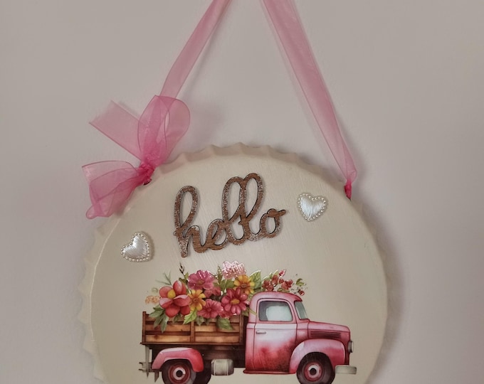 Hand-painted Galvanized Metal Bottle Cap, Cottage Core, Country, Farmhouse, Hello Pink Floral Truck, Wall Hanging, Home Decor, Ready to Ship