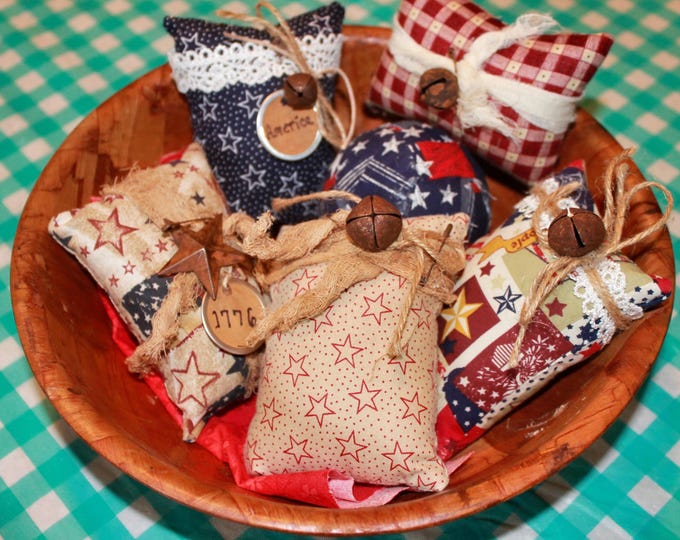 Set (A) 6 Handmade Americana Patriotic Summer Mini Pillows / Balls for Bowl Fillers, Tier Trays, Home Decor, Farmhouse Seasonal Displays NEW