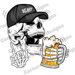 Puede incluir: Un cráneo de dibujos animados con una gorra de béisbol negra con la palabra "BEAST" en ella, sosteniendo un vaso de cerveza con espuma. El cráneo está haciendo el gesto de la mano rock and roll.