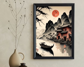 Peut inclure: Une estampe encadrée d'un paysage d'inspiration japonaise avec un soleil rouge, des montagnes, une maison et un bateau sur un lac. L'estampe est dans un cadre noir.