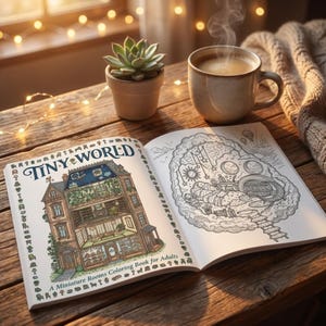 May include: An open coloring book titled Tiny World: A Miniature Rooms Coloring Book for Adults, featuring a detailed illustration of a multi-story house on the left page and a cloud-shaped bedroom scene on the right page with black line art.