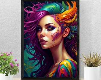 Colorful Digital Fantasy Art, A Woman with Striking Hair, Fantasy Art, Colorful Digital Art, Art Print