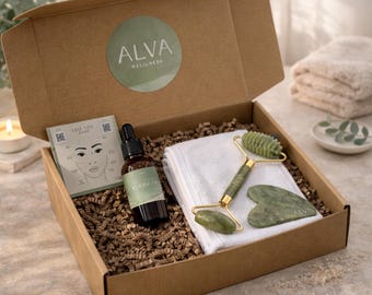 Jade Gua Sha and Face Roller Set: Natural Jojoba Oil, Gift Box