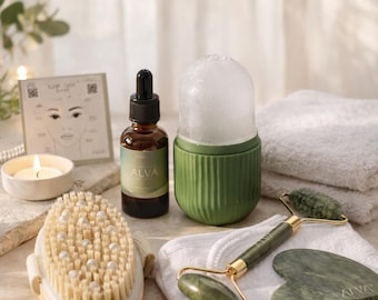 Lymphatic Drainage Kit: Jade Stone Gua Sha, Roller, Ice Roller, Dry Brush Jojoba Oil