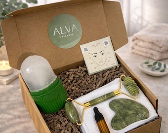 Jade Roller Gua Sha Set: Ice Roller, Jojoba Oil Beauty Gift