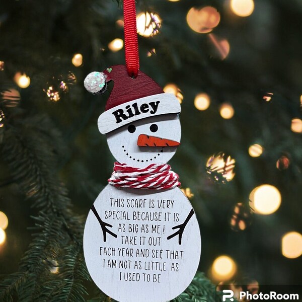 Personalized Snowman Ornament with scarf to record height