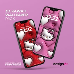 Sfondo per telefono rosa con gattino kawaii 3D estetico / Pacchetto di sfondi per telefono cellulare 3D / Schermata di blocco / Sfondo per iPhone 3D gonfiato