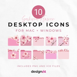 桜の花の美しいフォルダアイコン（Mac および Windows 用） | 10 個のピンクのロマンチックな花の整理アイコン セット | 花柄のデスクトップ アイコン