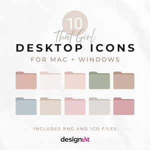 Op de afbeelding: Tien desktop-pictogrammen in verschillende pastelkleuren, waaronder roze, blauw, groen en beige. De pictogrammen hebben de vorm van mappen en zijn gelabeld met "That Girl Desktop Icons" en "For Mac + Windows". De tekst "Includes PNG and ICO files" is ook inbegrepen. De tekst "designLit" staat onderaan de afbeelding.
