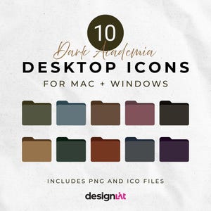 May include: Ten dark academia themed desktop icons for Mac and Windows. The icons are in a grid of two rows and five columns. The icons are in various shades of brown, green, blue, and purple.