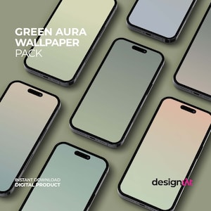 May include: A set of five phone wallpapers with green, blue, and beige gradients. The wallpapers are displayed on black phone mockups. The text "GREEN AURA WALLPAPER PACK" is at the top of the image. The text "INSTANT DOWNLOAD DIGITAL PRODUCT" is at the bottom of the image.