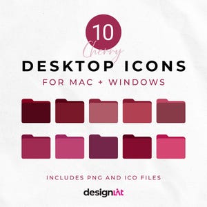 May include: Ten cherry-colored folder icons for Mac and Windows. Includes PNG and ICO files. Design by DesignLat.