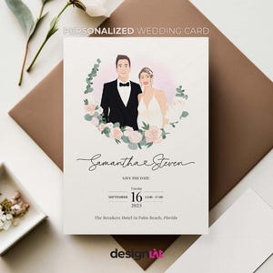 Personalized Wedding Card Invitation | Custom Illustration Mr&Mrs Wedding Card with pets | Hand Drawn Couple Portrait Wedding Printable Card