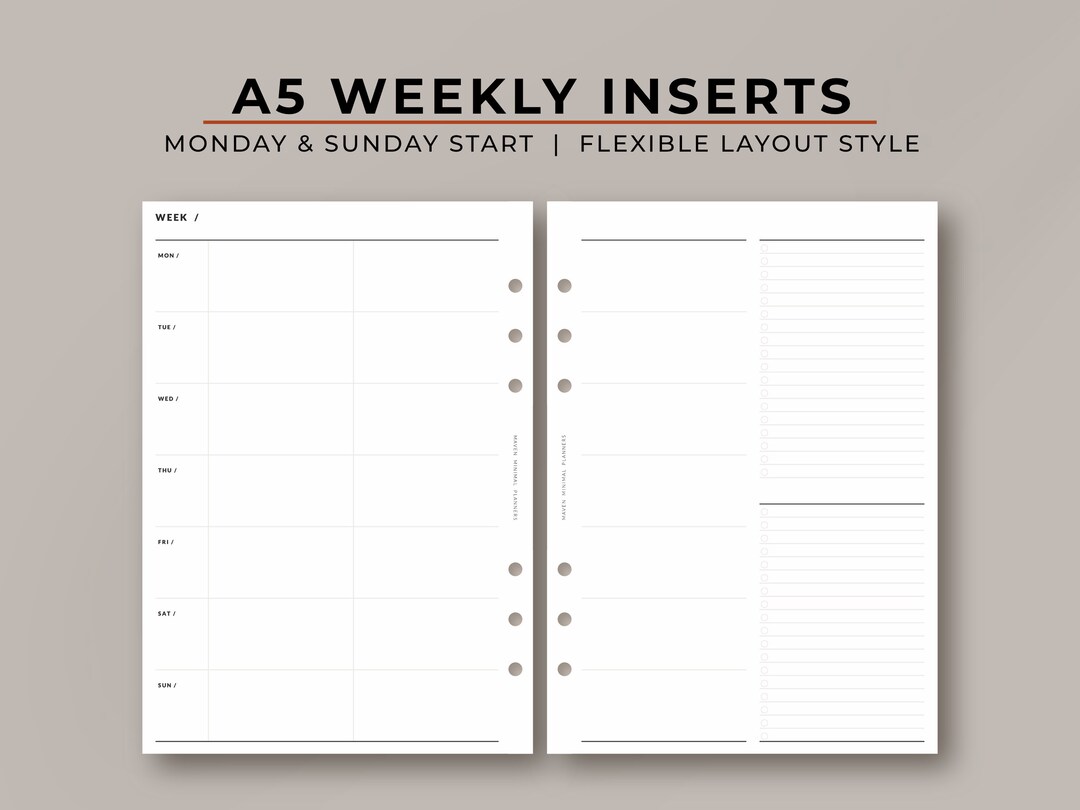 Weekly Planner Inserts A5 Format Flexible Layout on 2 Pages WO2P