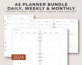 A5 Planner Bundle | Daily Weekly Monthly Kit | Dated 2024 | Monday & Sunday Start | DO1P | WO2P | MO2P | Printable Inserts | Binder Agenda