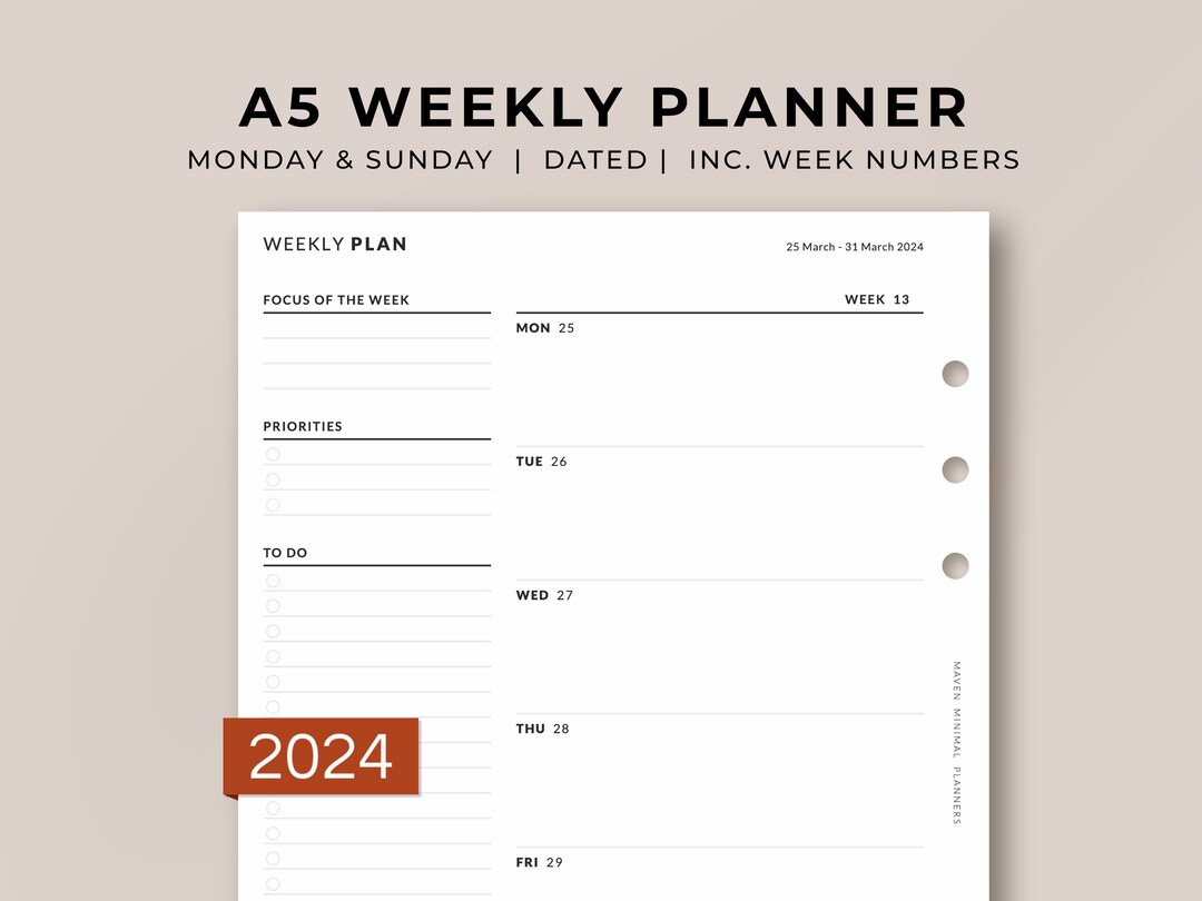 Weekly Planner Inserts 2024 Dated WO1P Minimal Design Ringbound ...