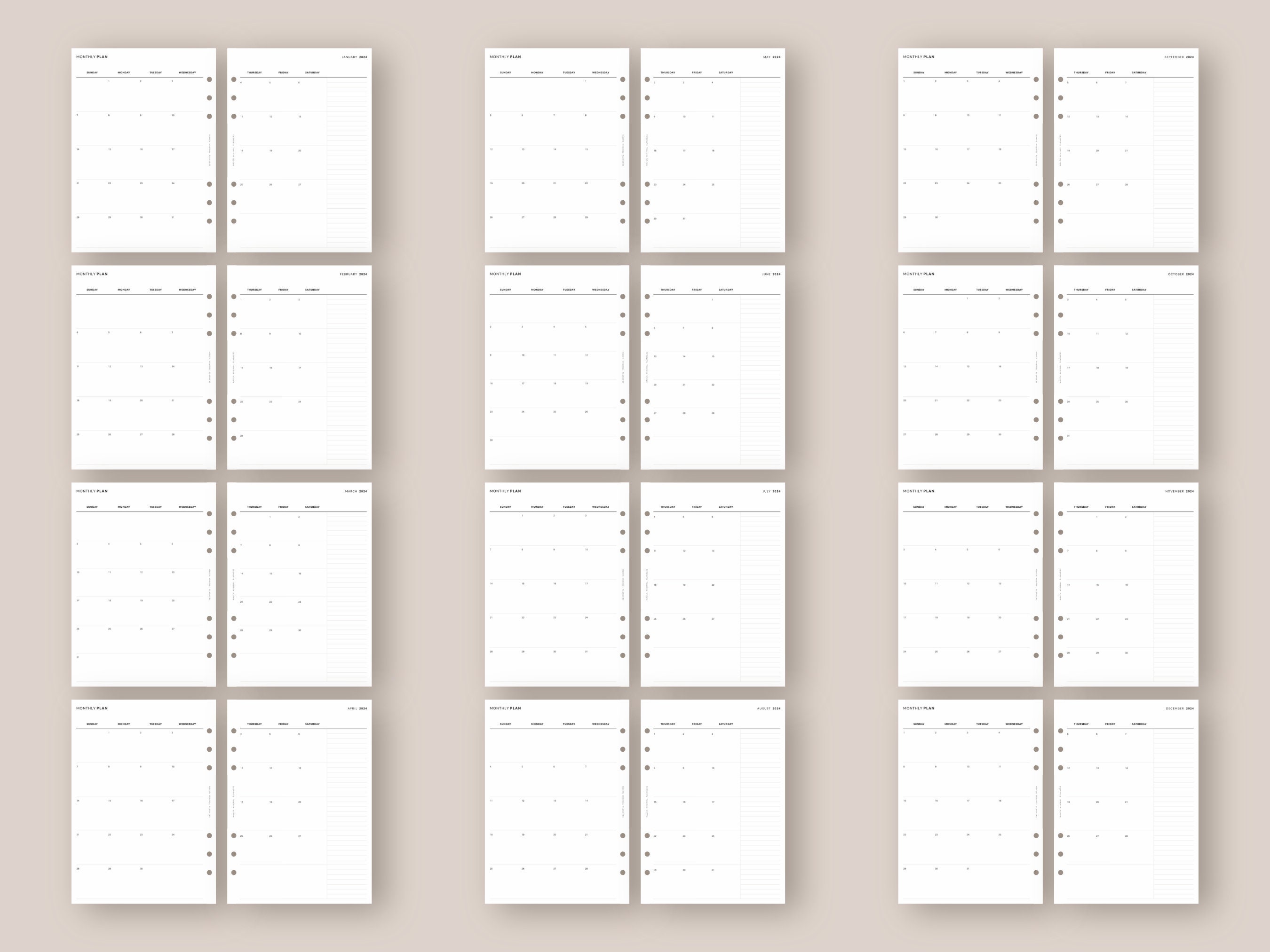 Month at a Glance Dated 2024 A5 Planner Inserts Monday & Sunday Start ...