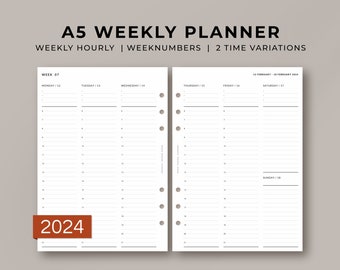 2024 Dated Weekly Planner | Weekly Half Hourly Schedule | Time Variations | A5 Binder Inserts | Minimal Design | Ring Discbound Agenda