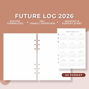 2026 年付の未来ログ、年間および四半期の概要、ミニマリスト プランナー、印刷可能な挿入物、A5 リング ディスク綴じアジェンダ バインダー、横型レイアウト