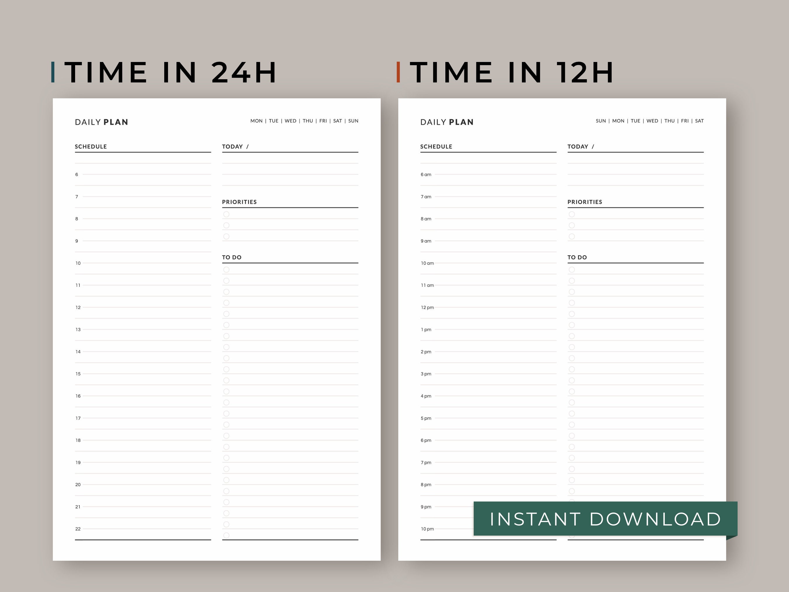 Daily Printable Planner A5 &amp; Half Letter Format Monday, Sunday Start ...