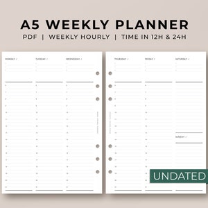 A5 Wochenplaner Einlagen | Undatiert | Woche auf zwei Seiten | Druckbar | Wöchentlicher Stundenplan | 12h & 24h | WO2P | Ringgebunden | Gebunden