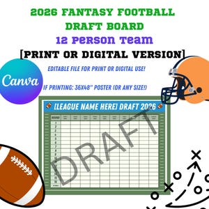 Op de afbeelding: Een fantasy football draft board met de tekst "2026 Fantasy Football Draft Board 12 Person Team". Inclusief een voetbal, helm en spelschema's. Het bord is ontworpen voor print of digitaal gebruik.