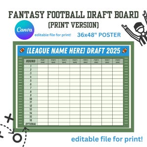 May include: A fantasy football draft board with a green border and a white interior. The board is labeled "FANTASY FOOTBALL DRAFT BOARD" and includes space for team names and draft rounds. The poster measures 36x48 inches and is an editable file for print.